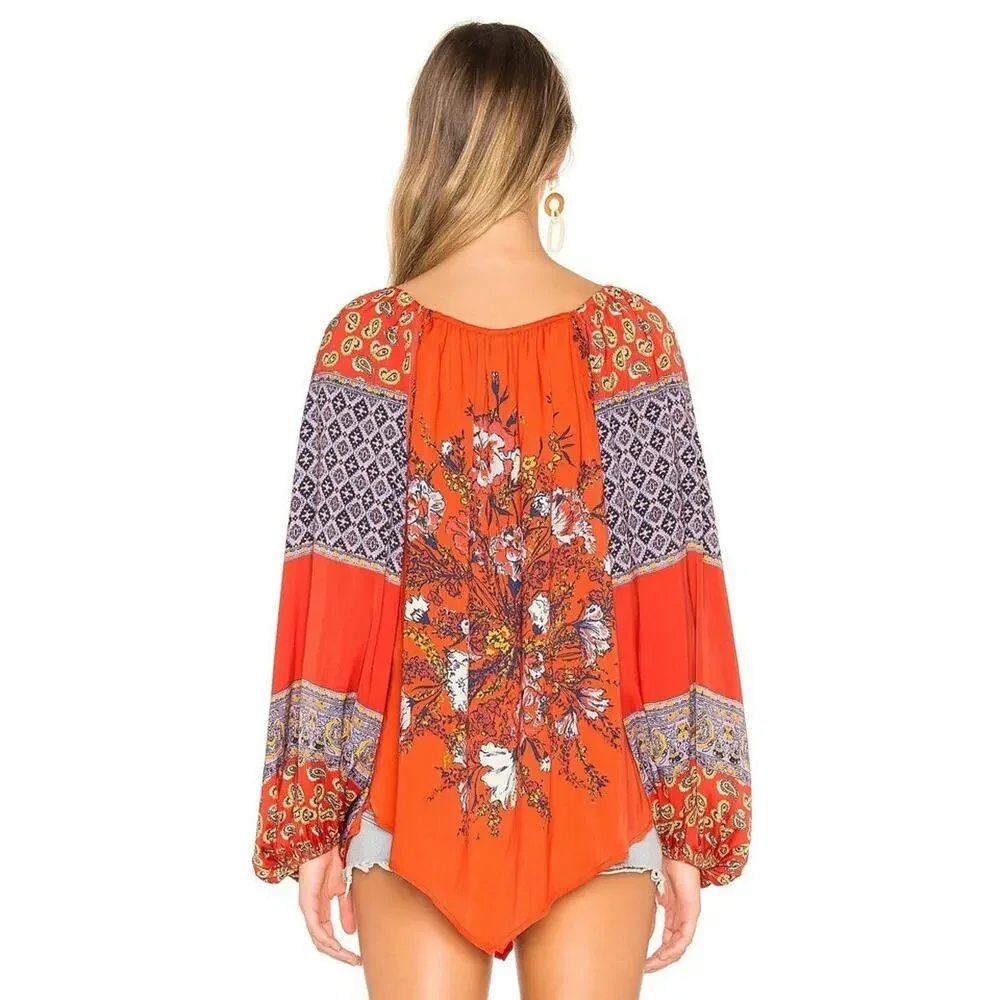 Free People Positano Womens Small Cherry Floral Boho Blouse Balloon Sleeve NWT